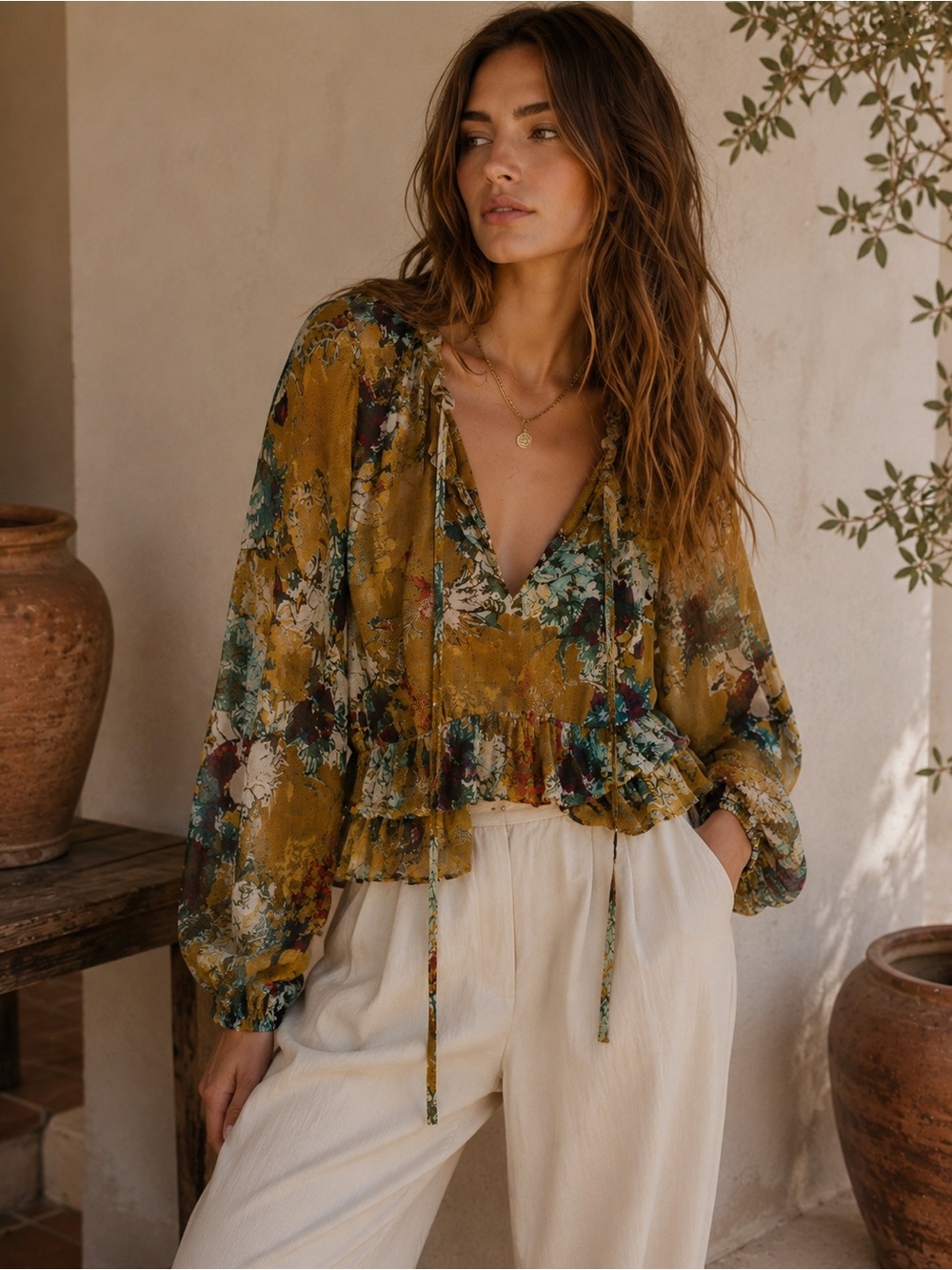 Hemant & Nandita Keystone Silk Floral Ruffle Peplum Blouse | Fits S